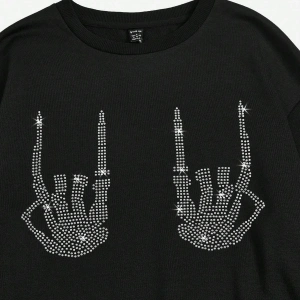 KOD ADR-SHEN EZwear Rhinestone Skeleton Finger Pattern Drop Shoulder Sweatshirt Siyah