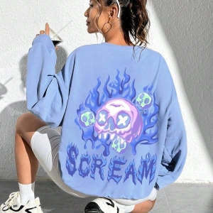 KOD ADR-SHEN EZwear Skull & Fire Print Drop Shoulder Sweatshirt BEBE MAVİ