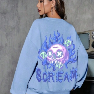 KOD ADR-SHEN EZwear Skull & Fire Print Drop Shoulder Sweatshirt BEBE MAVİ
