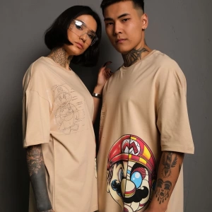 KOD:IZEI - Unisex Oversize Çizim Mario Baskılı Pamuklu T-shirt P--1002