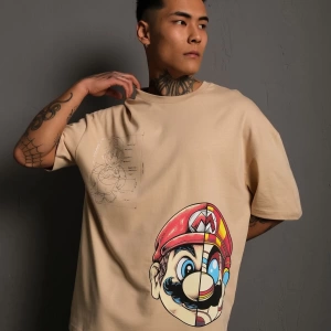KOD:IZEI - Unisex Oversize Çizim Mario Baskılı Pamuklu T-shirt P--1002