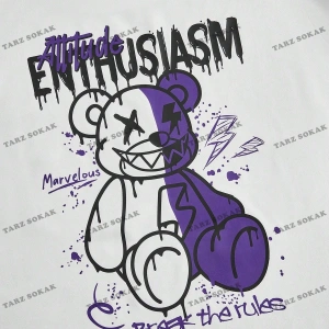 KOD Trend EMRG Erkek Bol Kesim Kısa Kollu Karikatür Ayı ve Harf Baskılı Tişört