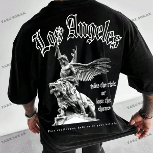 KOD Trend EMRG Erkek Büyük Beden Düşük Omuzlu Tişört Çizgi Film Karakteri ve Harf Baskılı