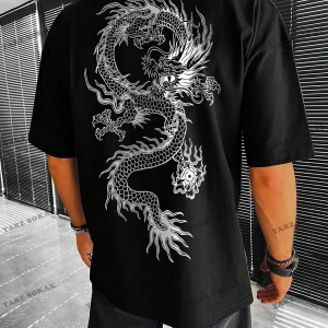 KOD Trend EMRG Erkek Ejderha Grafikli Düşük Omuz Tişörtü