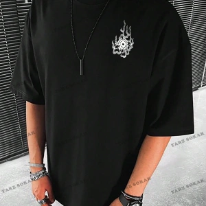 KOD Trend EMRG Erkek Ejderha Grafikli Düşük Omuz Tişörtü