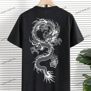KOD Trend EMRG Erkek Ejderha Grafikli Düşük Omuz Tişörtü
