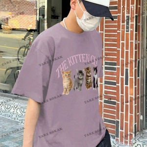 KOD Trend Erkek Baskılı Yuvarlak Yaka Kedi Ve Sloganlı T-Shirt