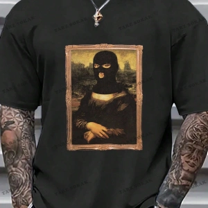 KOD Trend Erkek Büyük Beden Komik Mona Lisa Baskılı T-Shirt