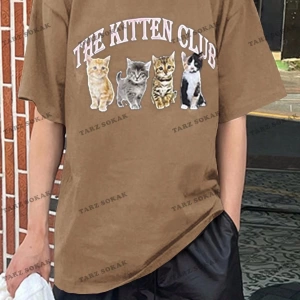 KOD Trend Erkek Düşük Omuzlu Kedi Baskılı Sloganlı T-Shirt