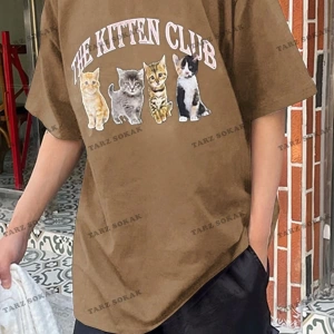 KOD Trend Erkek Düşük Omuzlu Kedi Baskılı Sloganlı T-Shirt