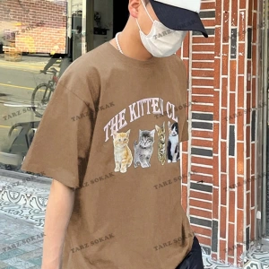KOD Trend Erkek Düşük Omuzlu Kedi Baskılı Sloganlı T-Shirt