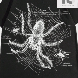 KOD Trend Goth Erkek Örümcek Desenli Bisiklet Yaka Tişört