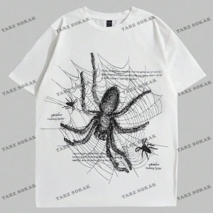 KOD Trend Goth Erkek Sloganlı ve Örümcek Desenli Tişört