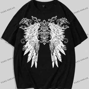 KOD Trend Grunge Punk Erkek Kanat Baskı Yuvarlak Yaka Tişört