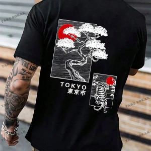 KOD Trend Homme Erkek Japon Harfli ve Ağaç Baskılı Tişört