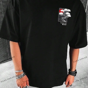 KOD Trend Homme Erkek Japon Harfli ve Ağaç Baskılı Tişört