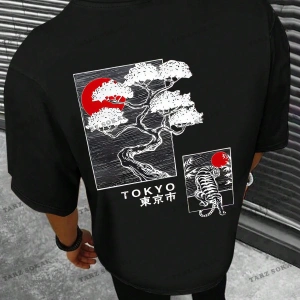 KOD Trend Homme Erkek Japon Harfli ve Ağaç Baskılı Tişört