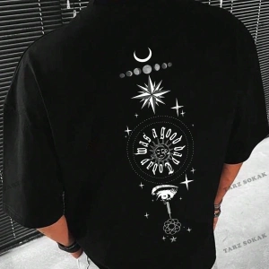 KOD Trend Hypemode Erkek Plus Güneş ve Ay Baskılı Damla Omuz Tişört