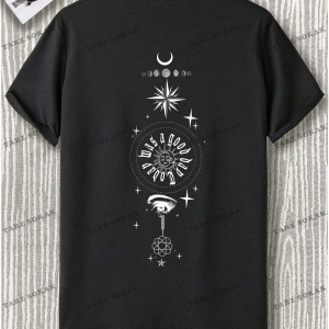 KOD Trend Hypemode Erkek Plus Güneş ve Ay Baskılı Damla Omuz Tişört