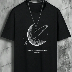 KOD Trend Hypemode Erkek Sloganı ve Gezegen Baskılı Tişört