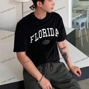 KOD Trend LEGND Erkek Çiçek & Slogan Grafikli Tişört