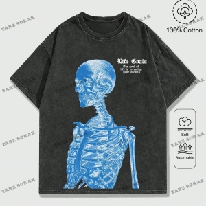 KOD Trend Street Life Erkek Slogan ve İskelet Baskı Damla Omuz Tişört