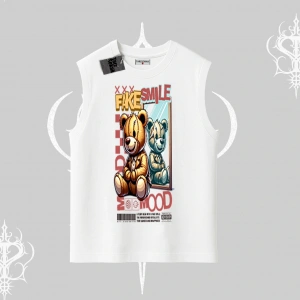 Kolsuz Tshirt Fake Smile Mood Ayıcık Grafik Baskılı