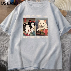 Komik Bir Kedi Bağırmak Meme T-shirt Vintage Japon Tarzı Kedi Grafik T Shirt Erkek Kadın O Bo 2868