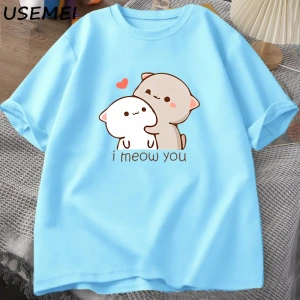 Komik kedi baskılı tişört sevimli Bubu Dudu Tshirt yaz pamuk kısa kollu Teekadın erke 2914