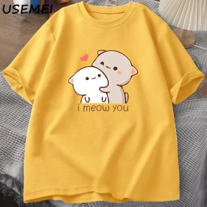 Komik kedi baskılı tişört sevimli Bubu Dudu Tshirt yaz pamuk kısa kollu Teekadın erke 2914