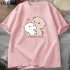 Komik kedi baskılı tişört sevimli Bubu Dudu Tshirt yaz pamuk kısa kollu Teekadın erke 2914