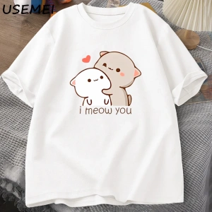 Komik kedi baskılı tişört sevimli Bubu Dudu Tshirt yaz pamuk kısa kollu Teekadın erke 2914