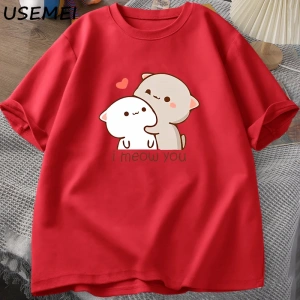 Komik kedi baskılı tişört sevimli Bubu Dudu Tshirt yaz pamuk kısa kollu Teekadın erke 2914