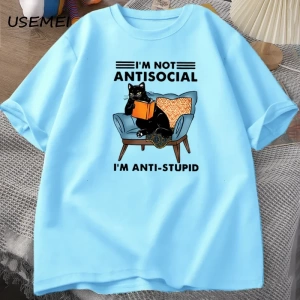 Komik kedi okuma kitap t-shirt grafik Tees pamuk erkek giyim O boyun Meme kısa kollu Tees Har 2832