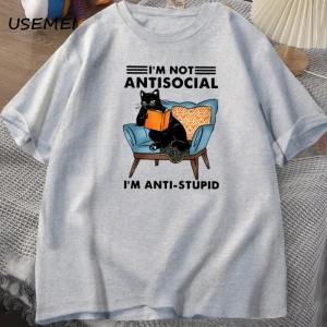 Komik kedi okuma kitap t-shirt grafik Tees pamuk erkek giyim O boyun Meme kısa kollu Tees Har 2832