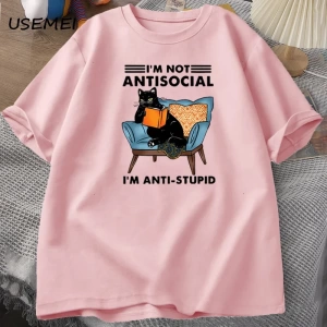 Komik kedi okuma kitap t-shirt grafik Tees pamuk erkek giyim O boyun Meme kısa kollu Tees Har 2832