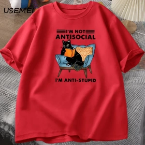 Komik kedi okuma kitap t-shirt grafik Tees pamuk erkek giyim O boyun Meme kısa kollu Tees Har 2832