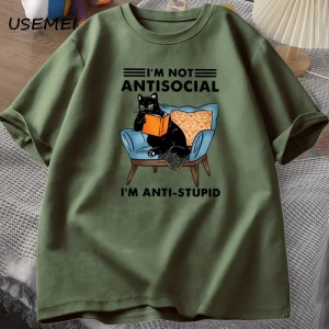 Komik kedi okuma kitap t-shirt grafik Tees pamuk erkek giyim O boyun Meme kısa kollu Tees Har 2832