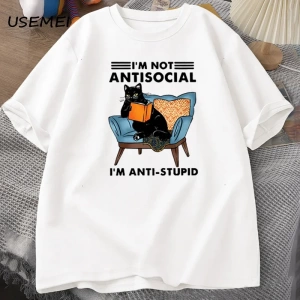 Komik kedi okuma kitap t-shirt grafik Tees pamuk erkek giyim O boyun Meme kısa kollu Tees Har 2832