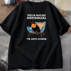 Komik kedi okuma kitap t-shirt grafik Tees pamuk erkek giyim O boyun Meme kısa kollu Tees Har 2832