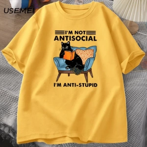 Komik kedi okuma kitap t-shirt grafik Tees pamuk erkek giyim O boyun Meme kısa kollu Tees Har 2832