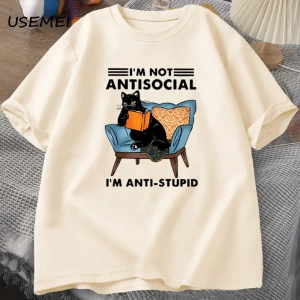 Komik kedi okuma kitap t-shirt grafik Tees pamuk erkek giyim O boyun Meme kısa kollu Tees Har 2832