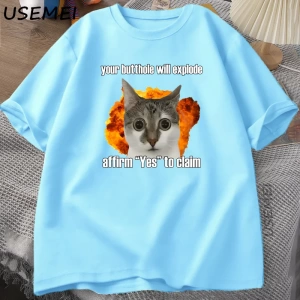 Komik Kedi Pamuk Tişört O-Boyun Kısa Kollu Gevşek moda üst giyim Tees Erkekler Büyük Boy Tişö 2994
