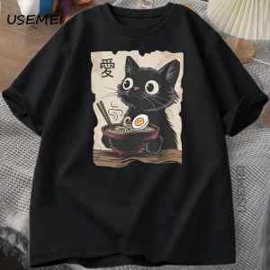 Komik Kedi Ramen Grafik Tee Japon Kawaii Anime Kedi T-Shirt Pamuk Kısa Kollu Büyük Boy Gevşek 2870