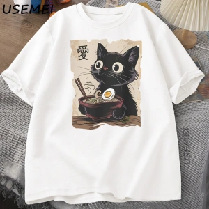 Komik Kedi Ramen Grafik Tee Japon Kawaii Anime Kedi T-Shirt Pamuk Kısa Kollu Büyük Boy Gevşek 2870