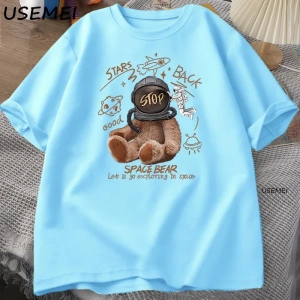 Komik Uzay Ayı T-shirt Erkek Kadın Rahat Pamuk Kısa Kollu Yuvarlak Boyun Tshirt Gevşek Nefes  3036
