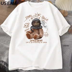 Komik Uzay Ayı T-shirt Erkek Kadın Rahat Pamuk Kısa Kollu Yuvarlak Boyun Tshirt Gevşek Nefes  3036