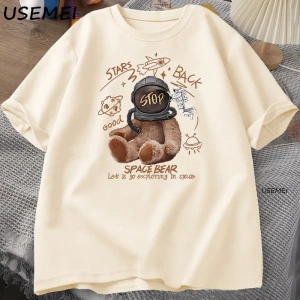 Komik Uzay Ayı T-shirt Erkek Kadın Rahat Pamuk Kısa Kollu Yuvarlak Boyun Tshirt Gevşek Nefes  3036