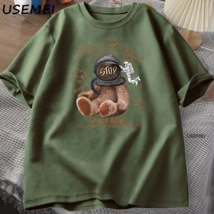 Komik Uzay Ayı T-shirt Erkek Kadın Rahat Pamuk Kısa Kollu Yuvarlak Boyun Tshirt Gevşek Nefes  3036