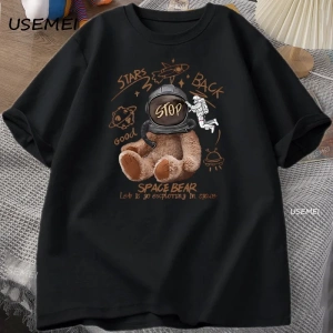 Komik Uzay Ayı T-shirt Erkek Kadın Rahat Pamuk Kısa Kollu Yuvarlak Boyun Tshirt Gevşek Nefes  3036